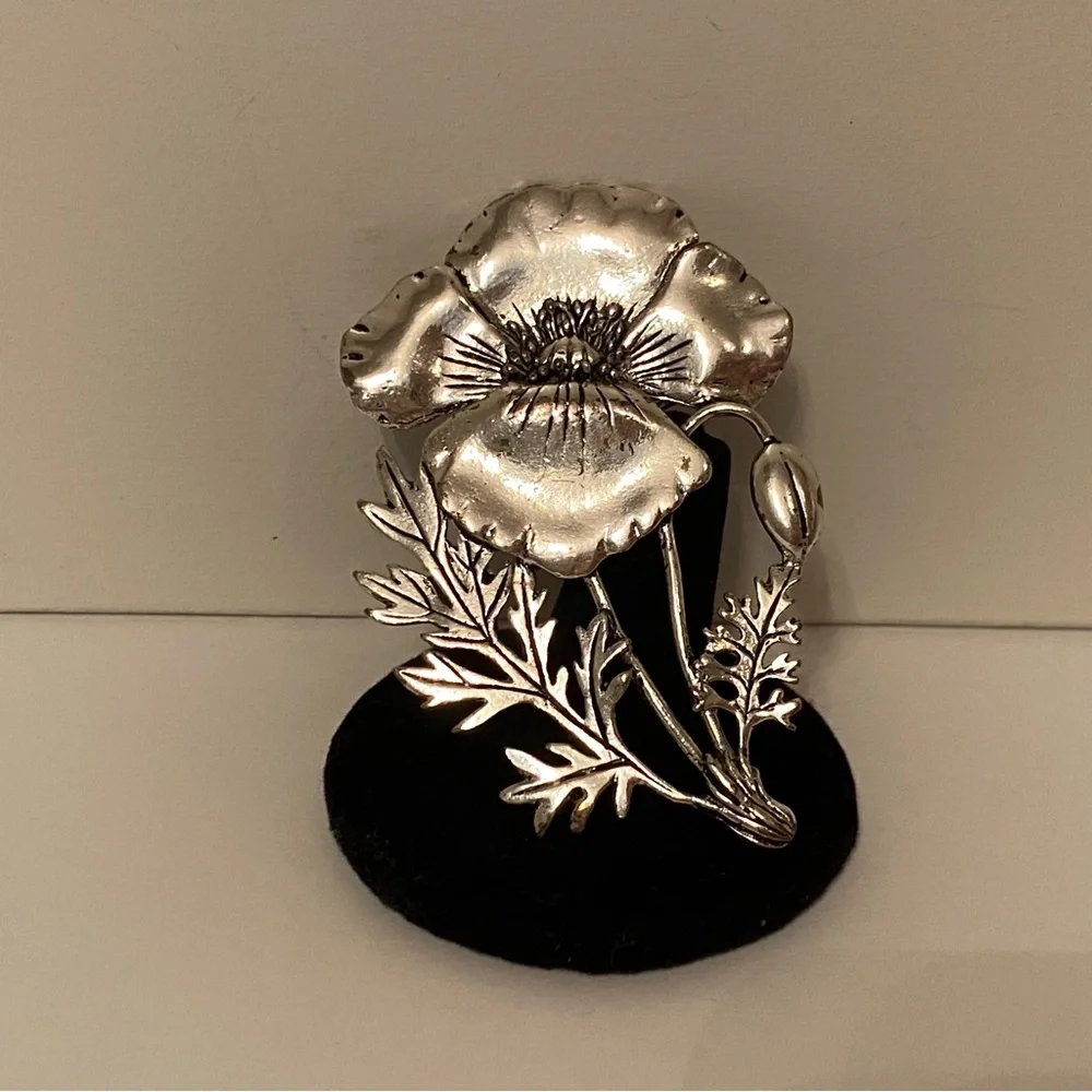 MASJ BROOCH VINTAGE 1986 SILVER TONE POPPY FLOWER PIN JEWELRY SIGNED